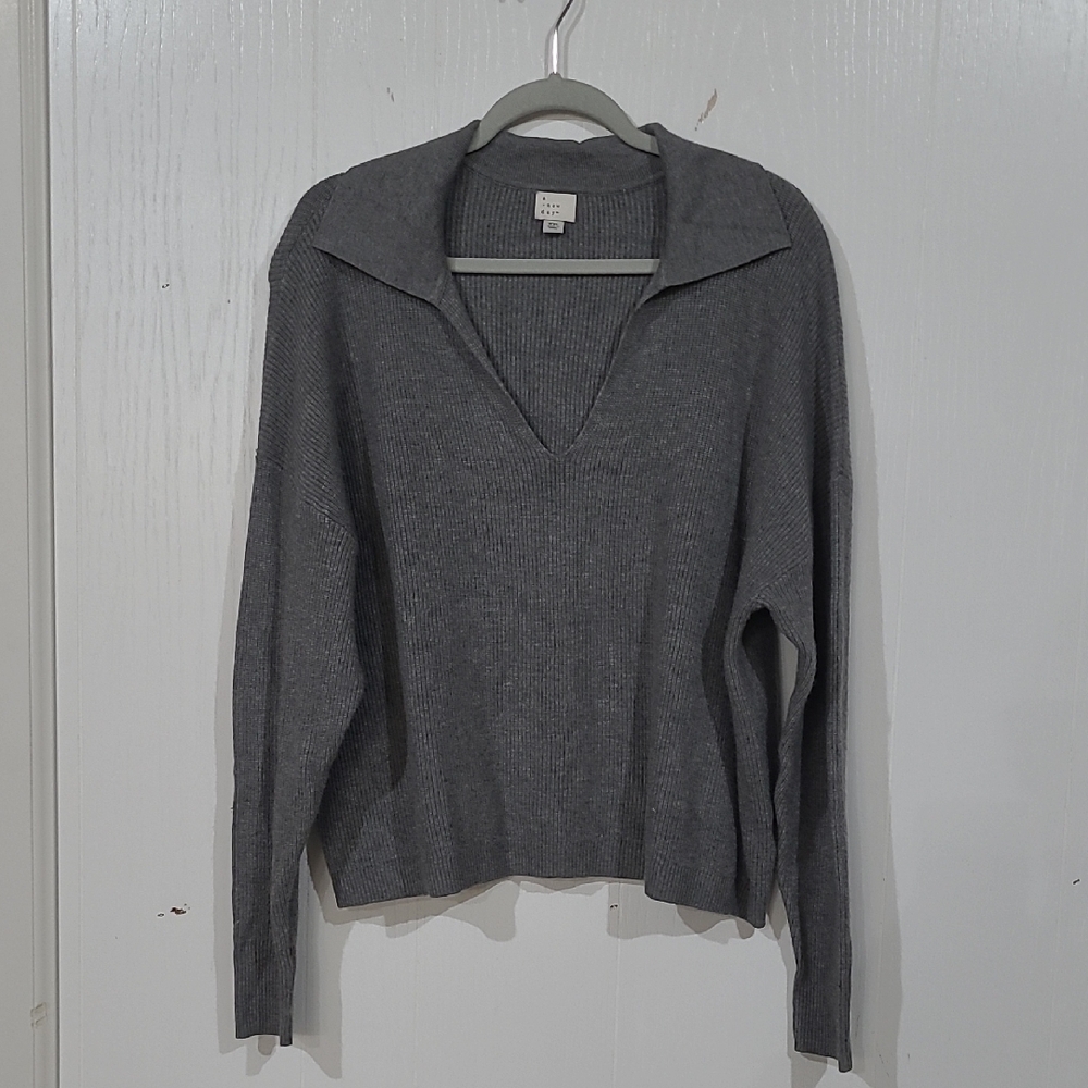 A New Day Womens Gray Viscose Collared Polo Ribbed Pull Over Sweater Size XXL